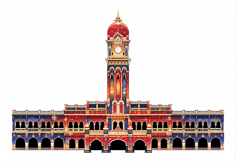 The Sultan Abdul Samad building illustration colored with the laser mapping light projection design